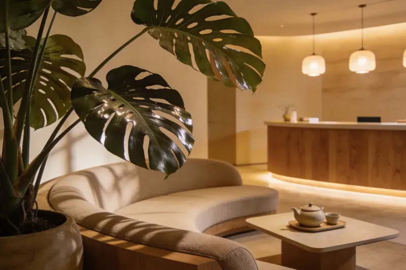 示意圖：按摩店接待大廳（AI 生成，非 LALA Nuru Massage 實景）